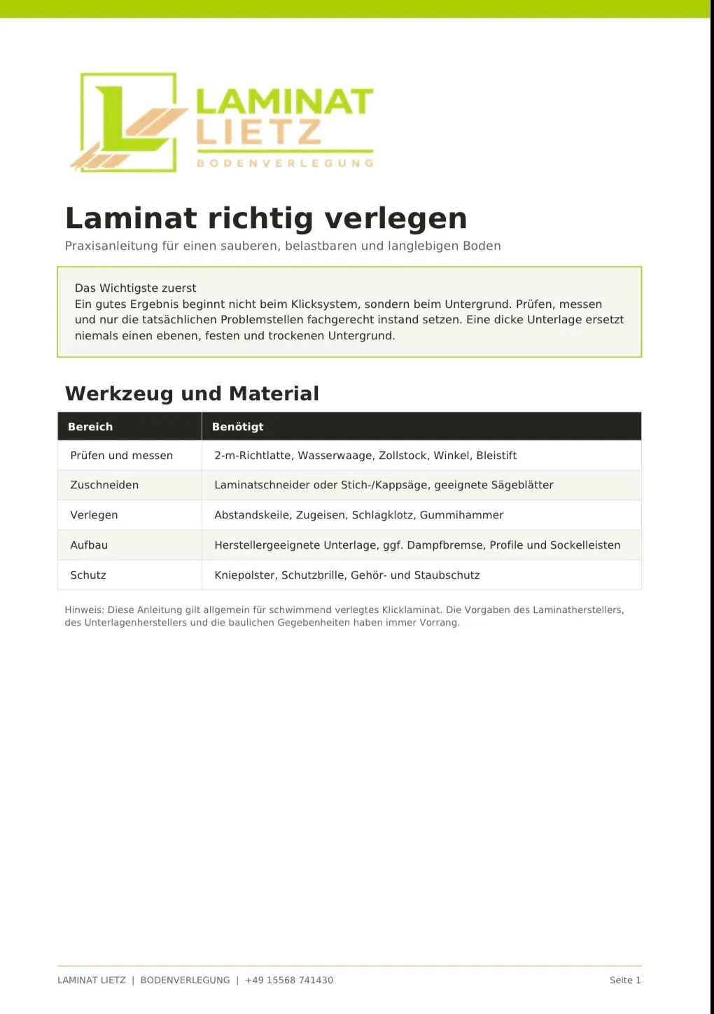 Titelseite der Verlegeanleitung von Laminat Lietz